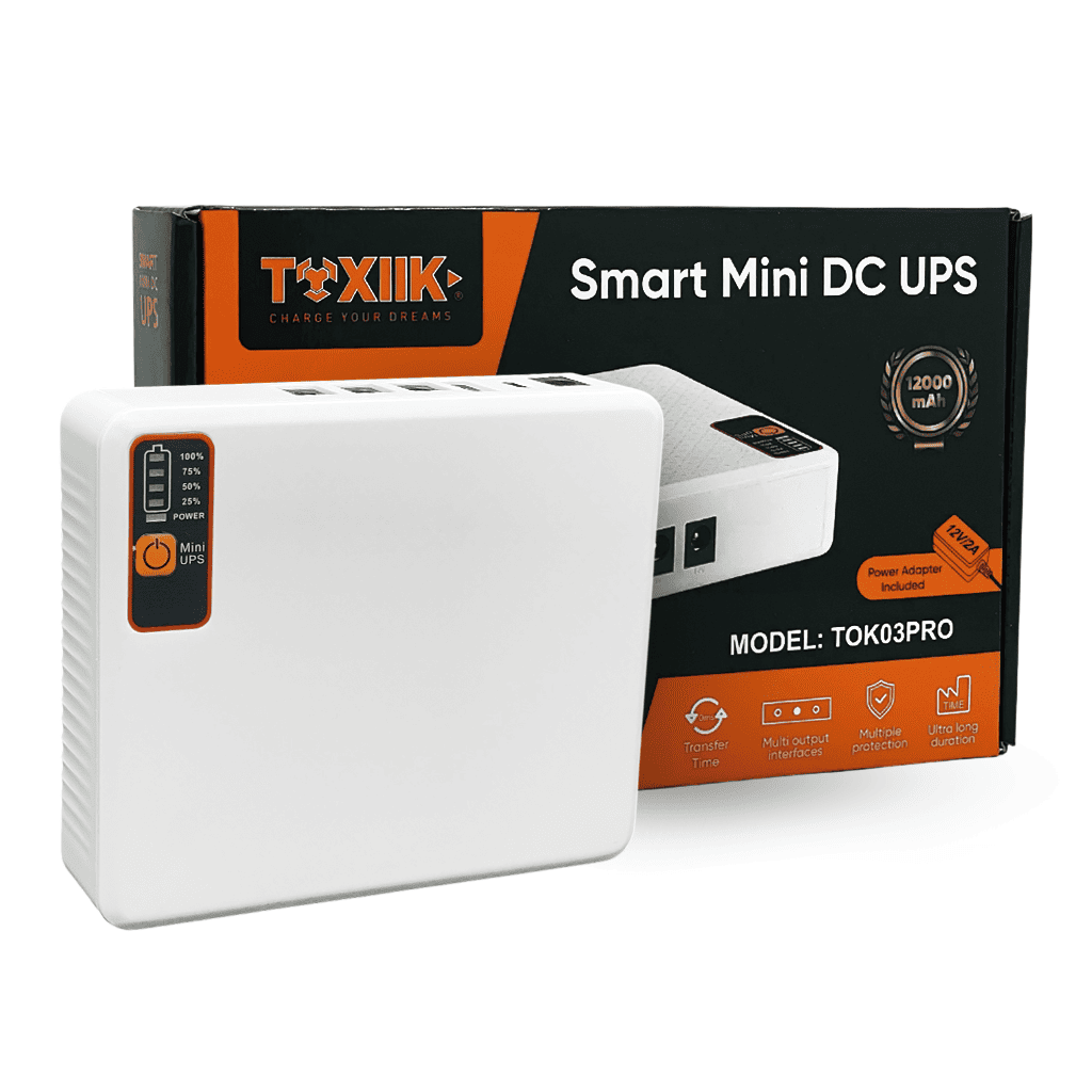 Mini UPS Toxiik TOK03PRO | 12.000 mAh / 18W | Respaldo para Módem y Router | Salidas DC 5V, 9V, 12V y USB | Protección contra Bajones