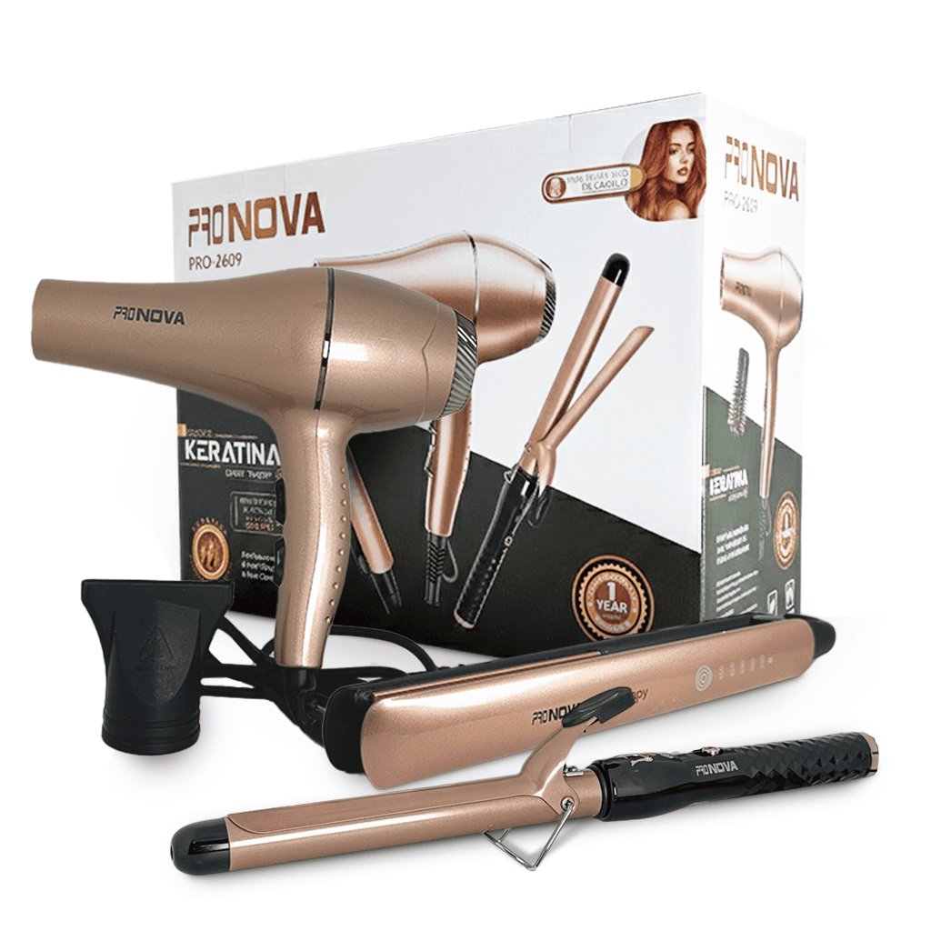 Set 3 en 1 ProNova PRO-2609 | Secador profesional, Plancha y Rizadora con tecnología de Keratina
