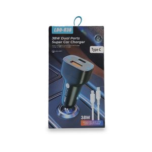 Cargador para Carro LDO Serie Super Car Charger Modelo LDO-R30 38W Doble Puerto USB-A y Tipo C - Con Luz LED y PD+QC 3.0.