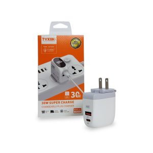 Cargador de Pared Toxiik 30W Super Charge - Modelo T2522C, Puerto Dual (USB-C PD + USB-A QC 3.0)