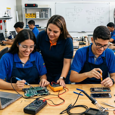 Estudiantes reparando equipos